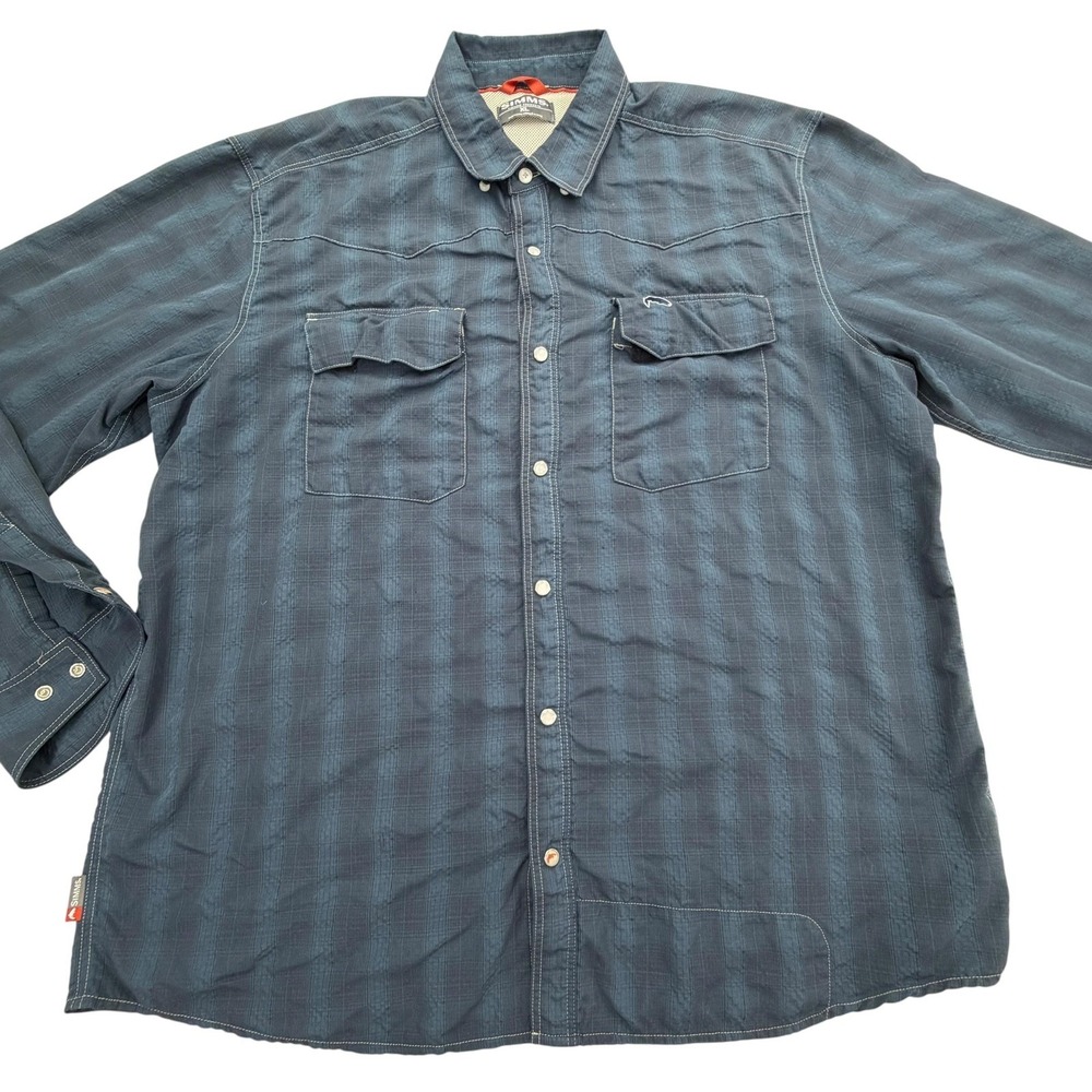Simms Shirt Mens XL Blue Long Sleeve Collared Snap Fishing Breathable Quick Dry